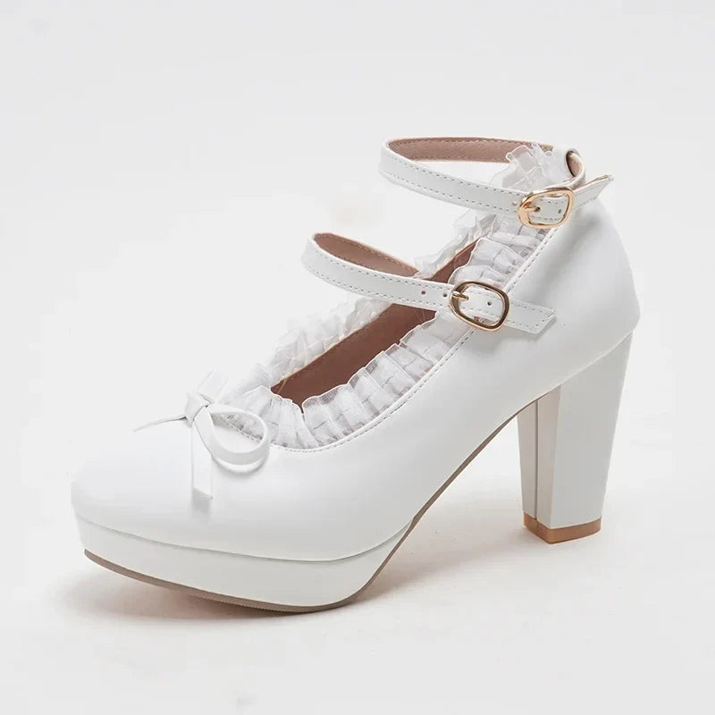 Women's Sweet Cute Lace Bow Lolita Platform High Heels, White Pumps Wedding Party Dress Shoes, Big Sizes 33-48