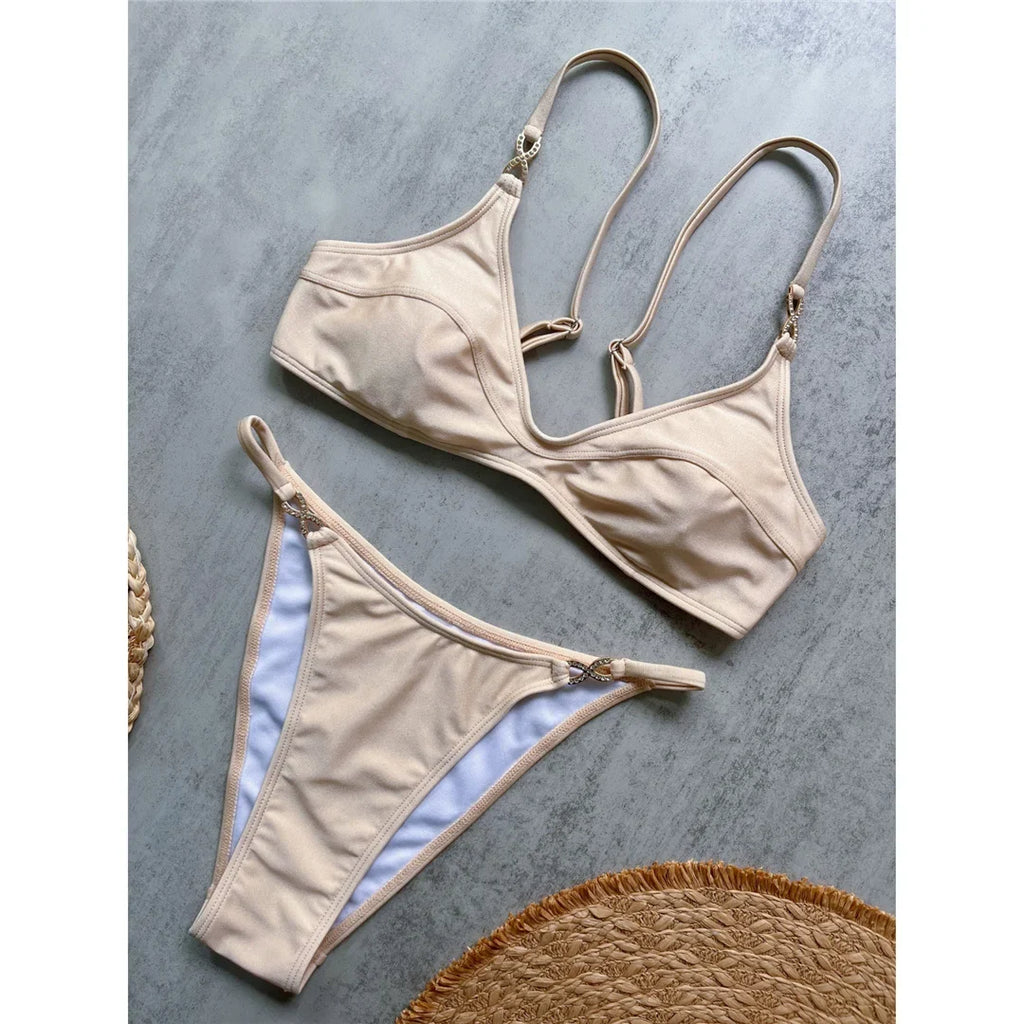 10 Colors V Neck Rhinestones Bikini Female Swimsuit Women Swimwear Two-pieces Bikini Set Padded Bather Bathing Suit Swim V8138