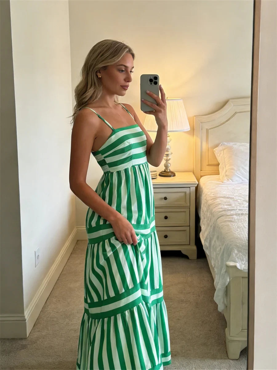 Women's Striped Print Dress Sleeveless Spaghetti Strap Square Neck Tiered Long Dress for Holiday Casual Boho Sundress
