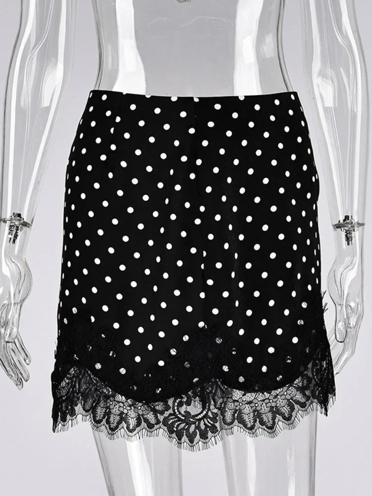 FDYOUI 2026 Woman Clothes Lace Patchwork Polka Dot Skirts Female Sexy Tight Short Skirt Black Party Night Club Dress Streetwear