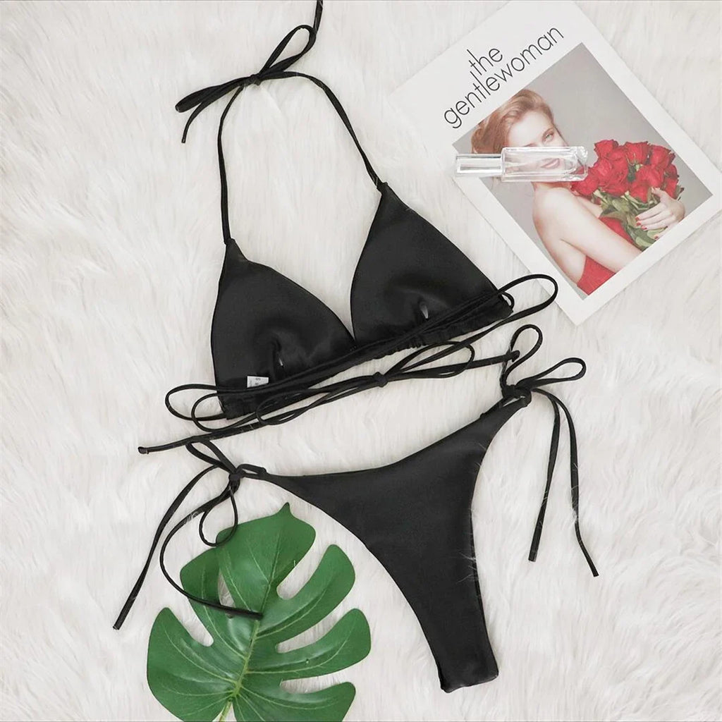 Shiny Rhinestones Wrap Around Halter Bikini Women Swimwear Female Swimsuit Two-Pieces Bikini Set Bather Bathing Suit Swim V4906