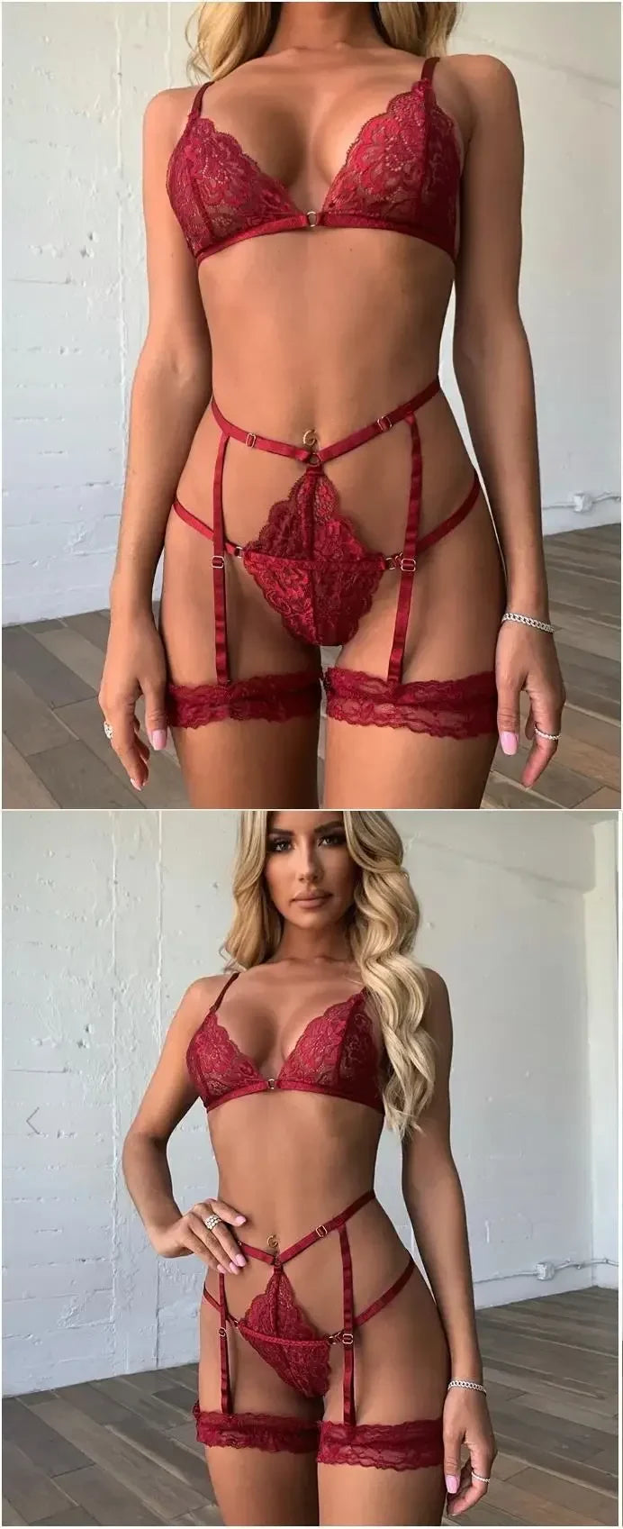Women's Sexy Lingerie Set Lace Porn Costumes 3 Piece Push Up Bra G-String Garter Exotic Sets Lenceria Erotic Underwear For Sex