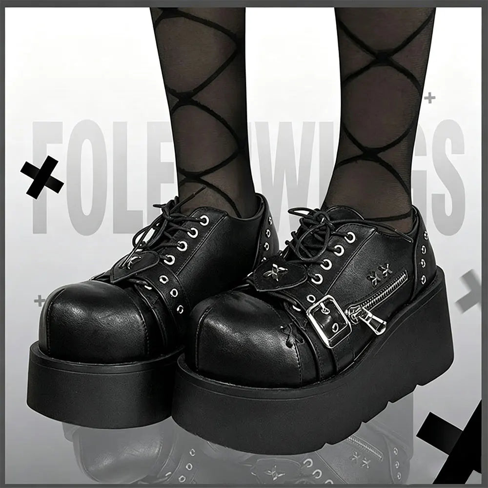 Size 42 Gothic Black Platform Creepers Shoes White Smooth Faux Leather Goth Creepers E-girl Chunky Lace Up Lolita Casual Shoes