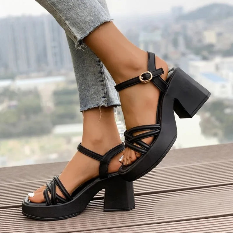 2026 New Fashion Summer Open  Round Toe Bottom Buckle Shallow Mouth Casual Thick High Heel Large Women's Sandals 35-42