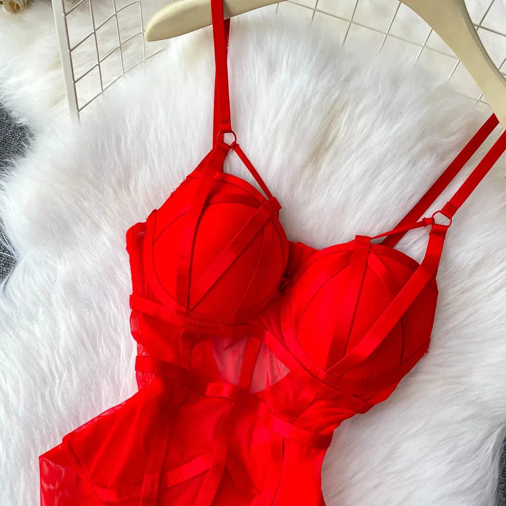 MOYISU Sexy Western Style Bodysuit for Women Sheer Net Halter Push Up Pads Summer Lingerie Figure Control See Through Hot Sale
