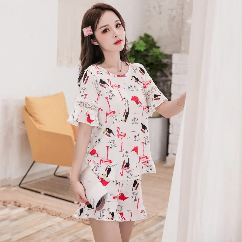 Casual Flamingo Print Pajama Set For Women Short-Sleeve Round Neck Top And Shorts Trendy Sleepwear Nightwear Can Be Worn Outside