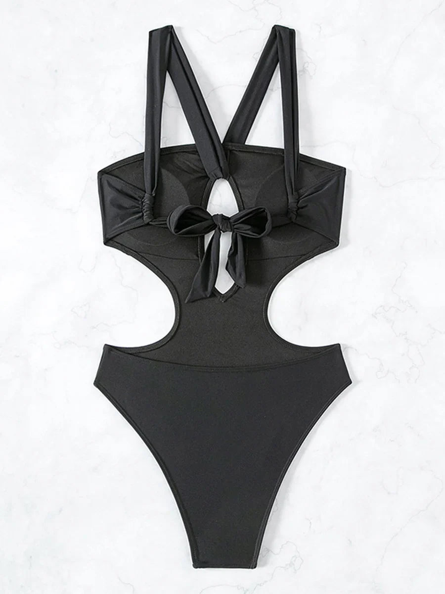 2025 Halter Hollow Out High Cut One Piece Swimsuit Women Swimwear Female Monokini Cross Backless Bathing Suit Swim Beach Wear