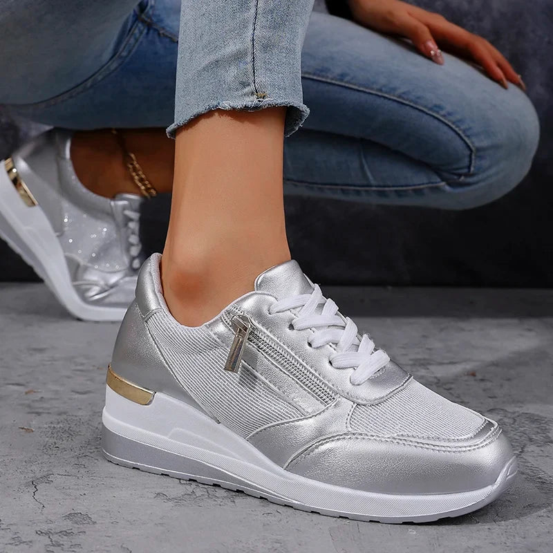 Fashion Thick Bottom Silver Sneakers Women 2025 Spring Wedge Heel Vulcanized Shoes Woman Comfortable Lace Up Sport Sneaker Mujer