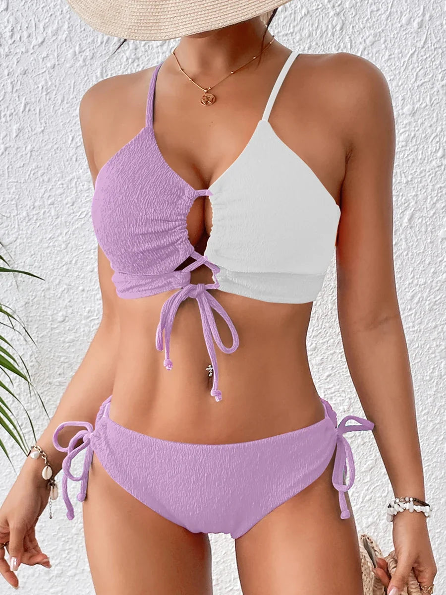 2026 Drawstring Triangle Bikini Women Sexy Color Block Swimwear Female Strappy Swimsuit Bathers Bathing Swimming Swim Suit