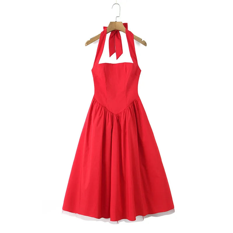 French Style Backless Cross-strap Halter Neck Dress For Women With Hard Mesh Panels Waist-cinching Pleated Large Hem Casual FYR0