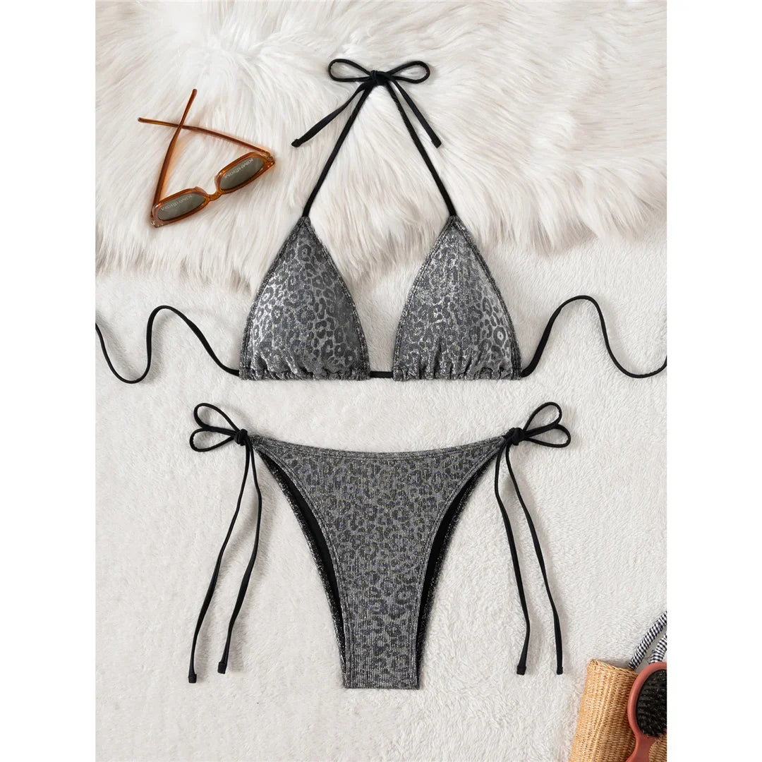 Sparkling Leopard Halter Bikini Female Swimsuit Women Swimwear Two-Pieces Bikini Set High Leg Cut Bather Bathing Suit Swim V7182
