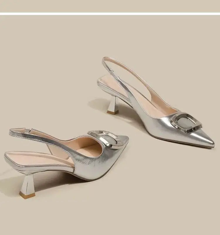 Brand Woman Slingback Shoes Fashion  Spring New Ladies High Heels Elegant Med Heel Pointed Toe Slip on Sandal Mules