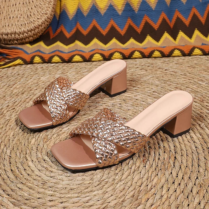 Champagne Woven High Heel Sandals Women Plus Size 42 Square Toe Cross Band Party Shoes Ladies Fashion Thick Heeled Sandalias