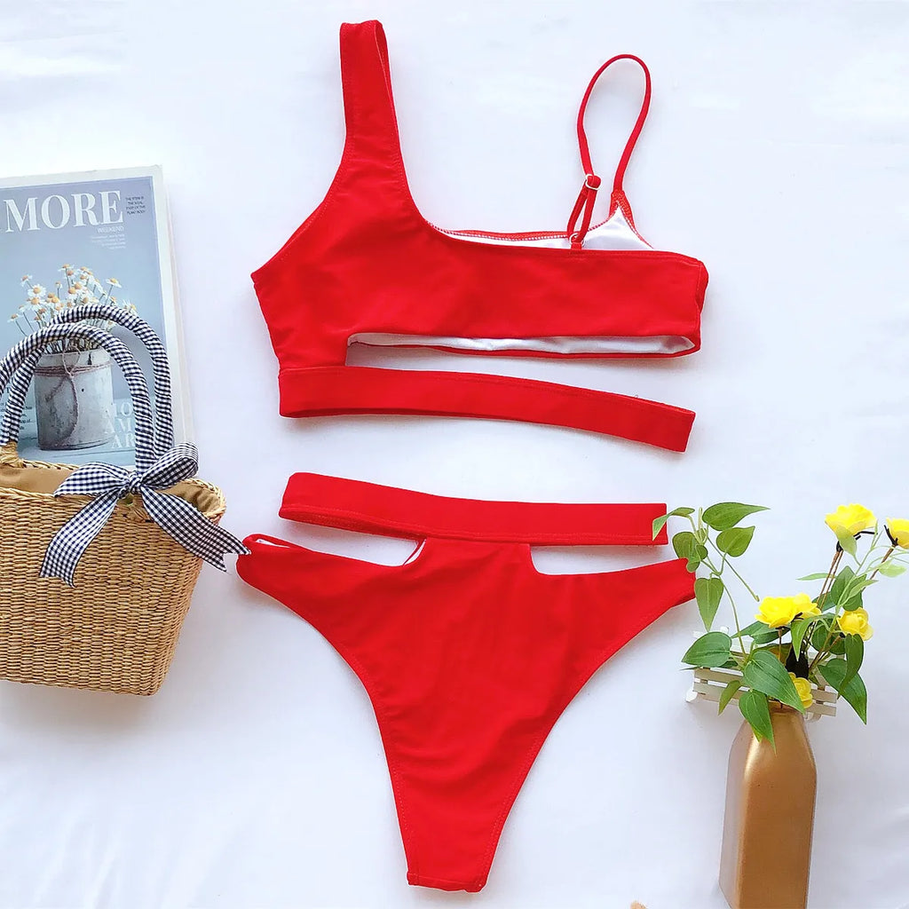 Bikini 2026 Sexy Swimwear Swimsuit Women Solid Hollow High Waist Red Bikinis Set Bathing Suit Beach Bikini Trajes De Bano Mujer
