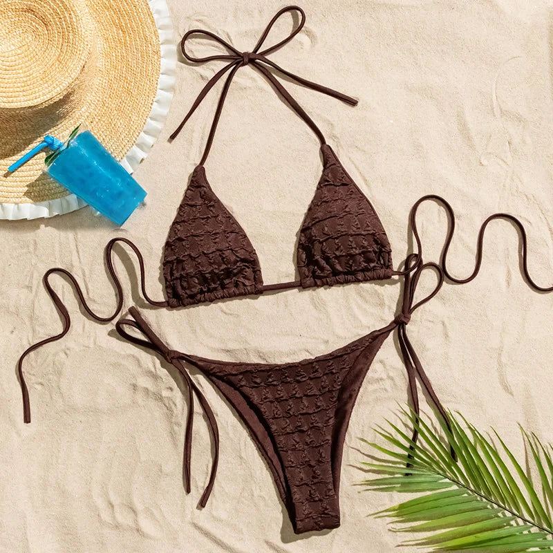 Sexy Coffee Wrinkled String Halter Bikinis Sets Two Pieces Tie Thong Swimsuit Bathing Suit Swimwear Biquini Bakini Tankini