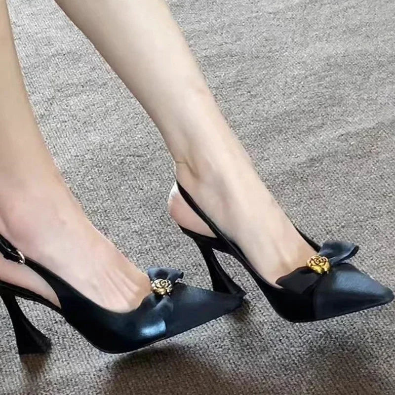 French Bow Knot High Heel Sandals for Women Sexy Back Strap Pointed Toe Sandalias Woman 2025 Office Patent Leather Sandals Mujer