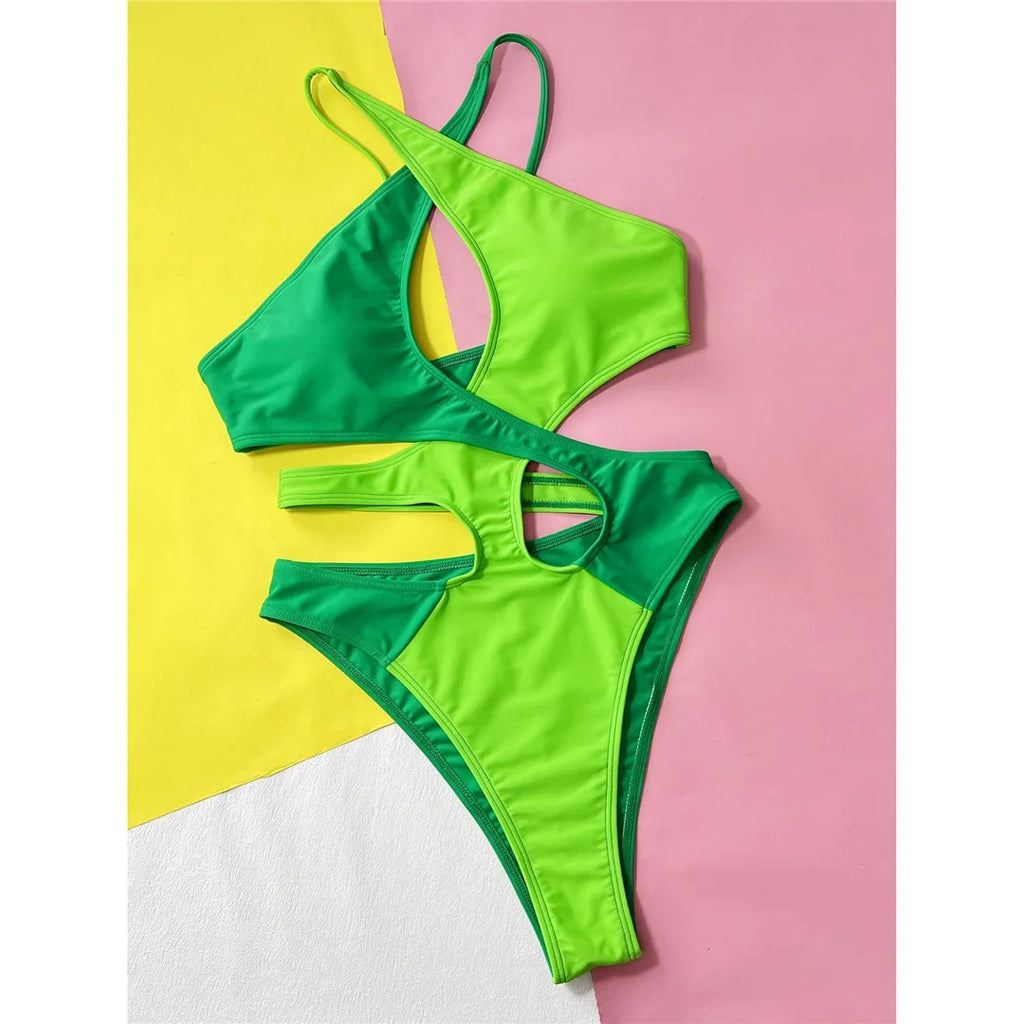 Sexy Splicing Cross Back Cut Out Women Swimwear One Piece Swimsuit Female Monokini High Leg Cut Bather Bathing Suit Swim V4919