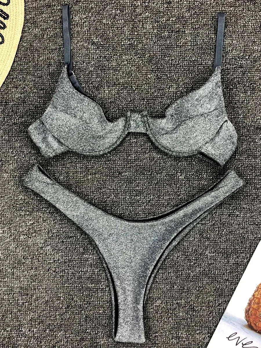 Glitter Sparkling Underwired V-Bar Bikini Women Swimsuit Female Swimwear Two-pieces Bikini Set Micro Thong Bathing Suit Swim