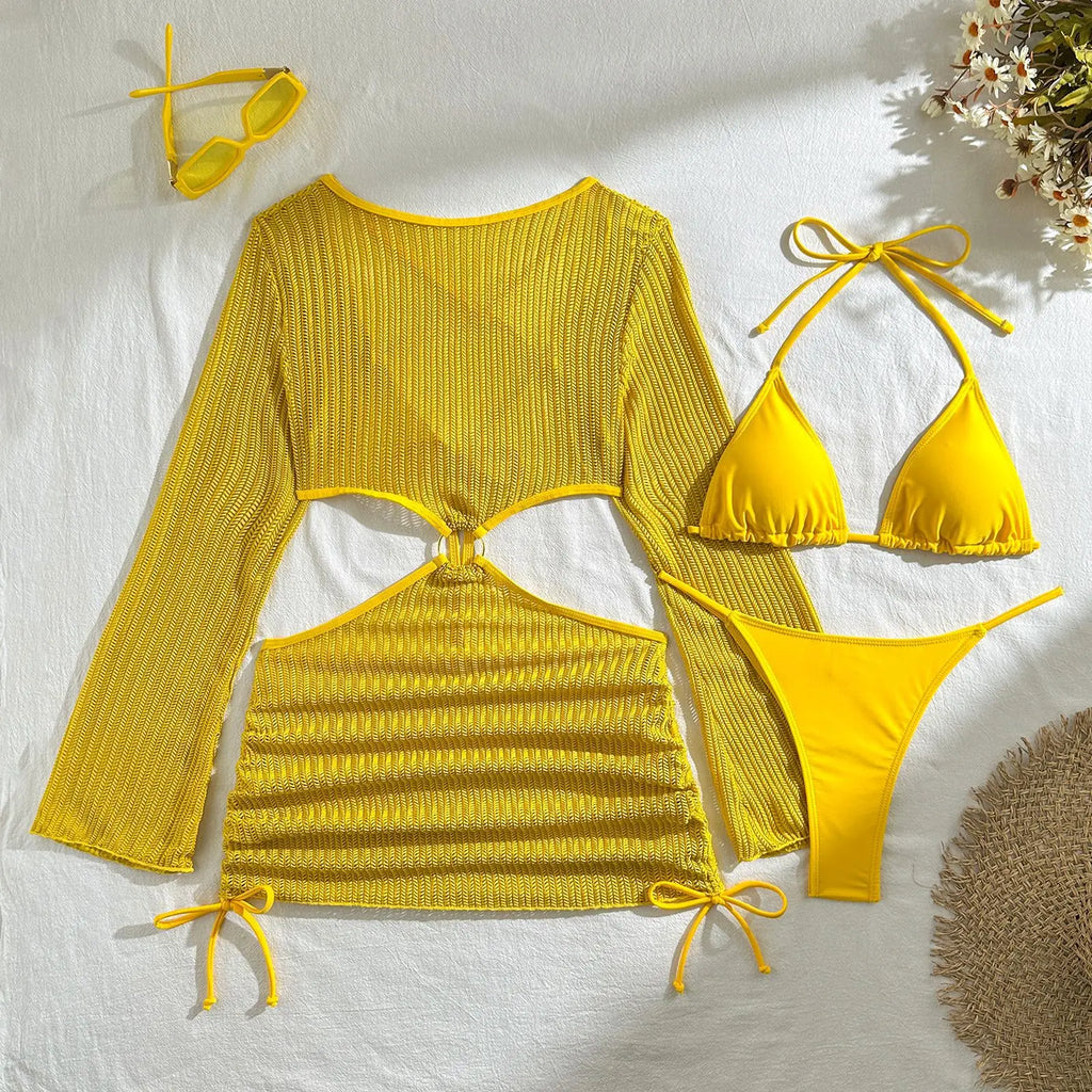 Women micro mini halter bikinis sets 3pcs with knitted long sleeve hollow out mini dress swimsuit bathing suit beach outfits