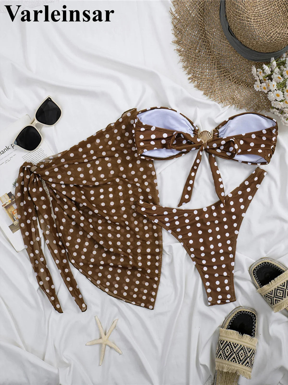 3PCS With Sarong Polka Dots Bandeau Bikini Women Swimwear Female Swimsuit Three-Pieces Bikini Set Bather Bathing Suit Swim V8189
