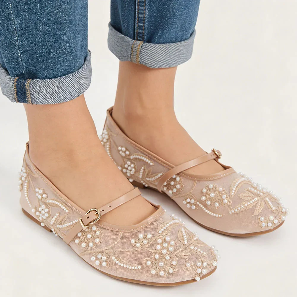 2026 Big size 42 Chic Nude Beading Flat Mary Janes Shoes Women Leisure Mesh Pearls Embroidery Comfy Walk Ballet Flats Shoes