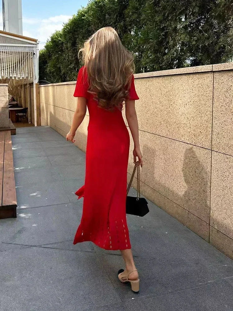 Foridol Red Knitted Polo Dress Autumn Winter Women Dress Casual Elegant Maxi A-line Hollow Out  Dress Slim Christmas Party