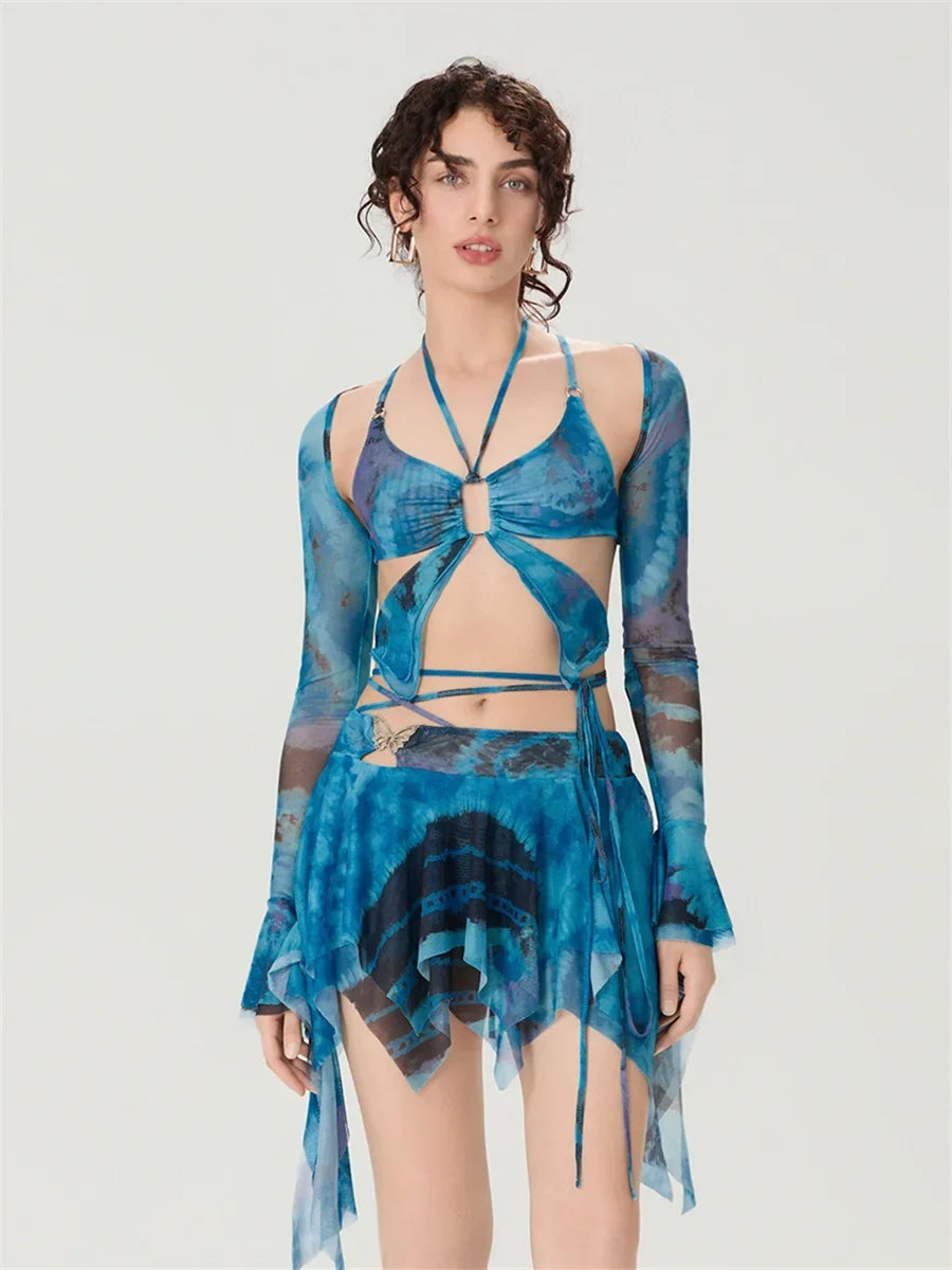 Women 3 Piece Sets Long Sleeve Shrug + Halter Tank Top + Irregular Pleated Skirts Y2K Aesthetic Gothic Sexy Streetwear