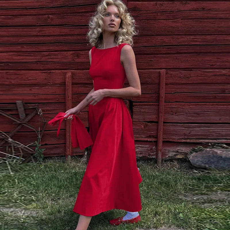 Chic Elegant O-neck Sleeveless Backless A-line Long Dresses Red Black 2026 Summer High Waist Tunics Zip-up Party Evening Dress