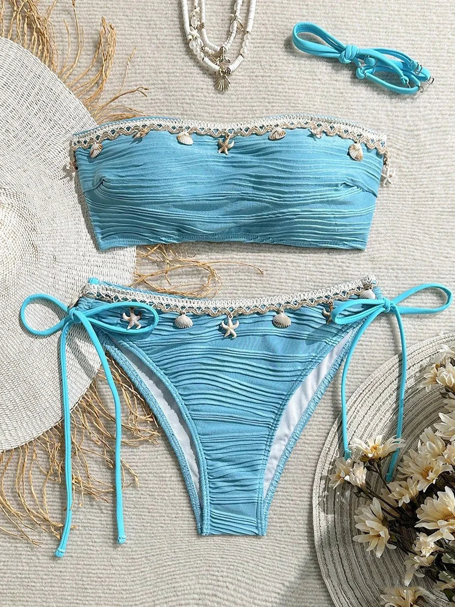 XS - XL Bandeau Wrinkled High Cut Bikini Women Swimwear Female Swimsuit Two-pieces Bikini Set Shell Bather Bathing Suit Swim