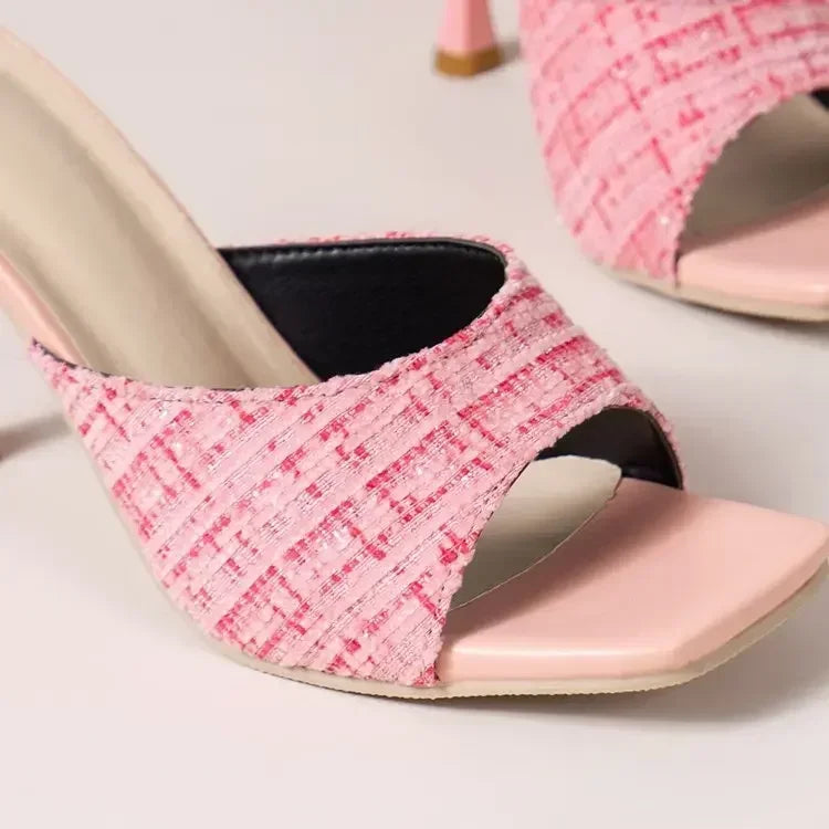 High Slippers Women Pumps Peep Toe Mules Sandals Sexy Office Lady Stiletto Sandals Thin Heels Pink Wedding Shoes 2025