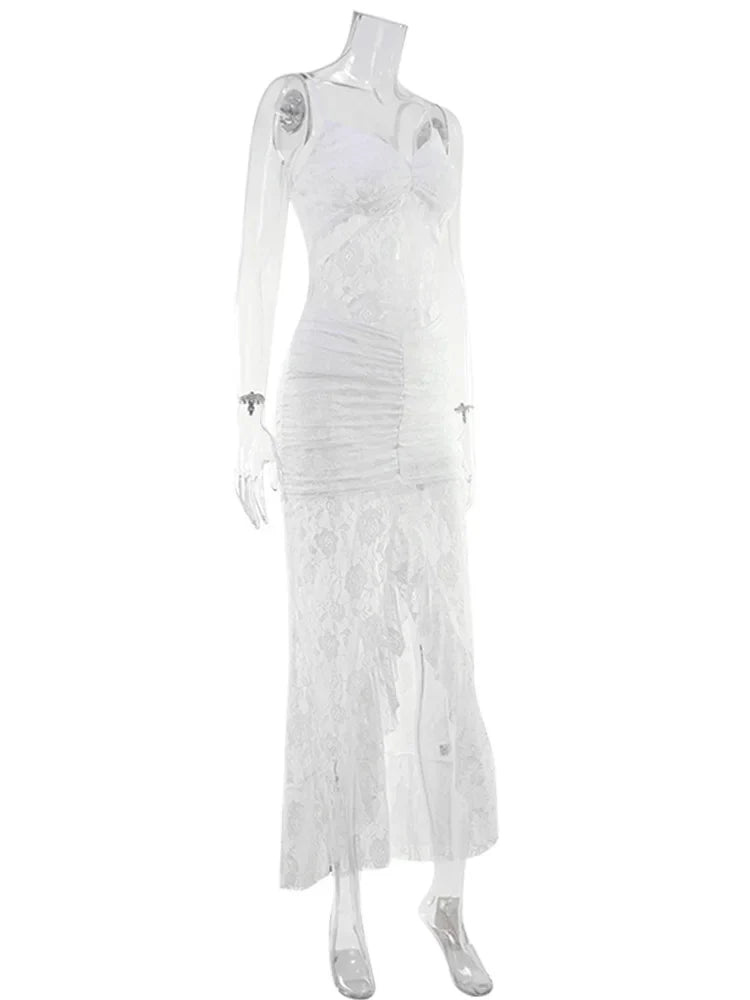 Ahagaga Elegant Lace Women Maxi Dresses Strapless Sheer Sexy Folds Solid Asymmetrical V-Neck Vestidos Robe Sheath Slim Fit Party