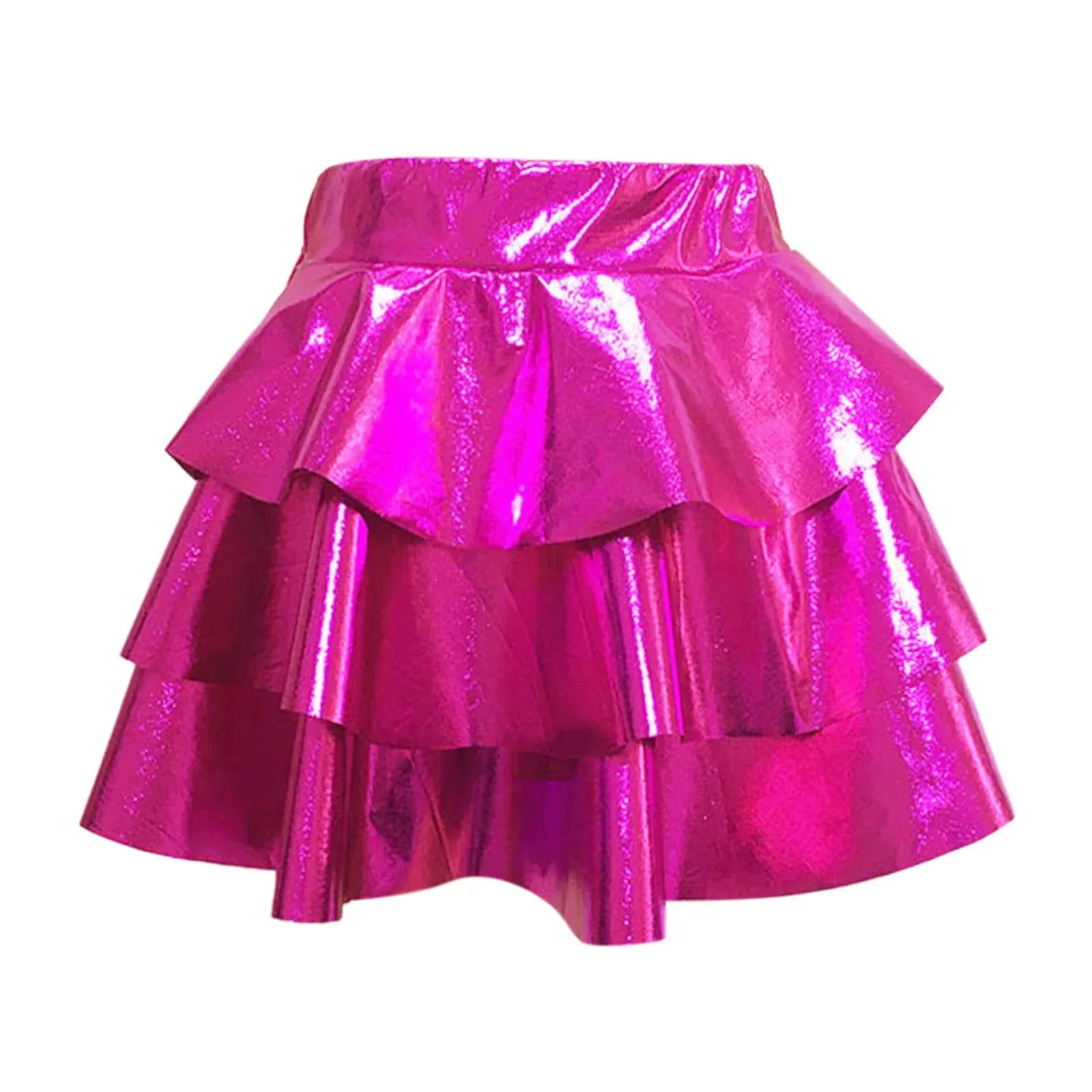 Women's Gold Metallic Tiered Mini Skirt Elastic High Waist Shiny Pu Ruffle Hem Party Skirts Dance Performance Festival Outfits