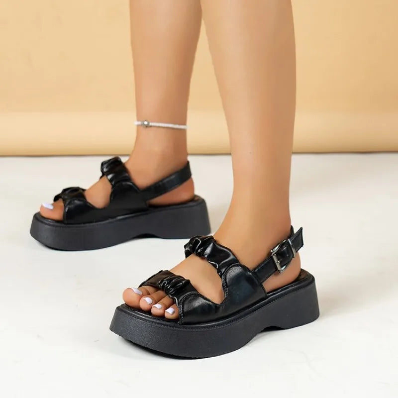 2026 Summer Open Toe Breathable Flat Bottom Comfortable Casual Women's Shoes Solid Color Buckle Fashion