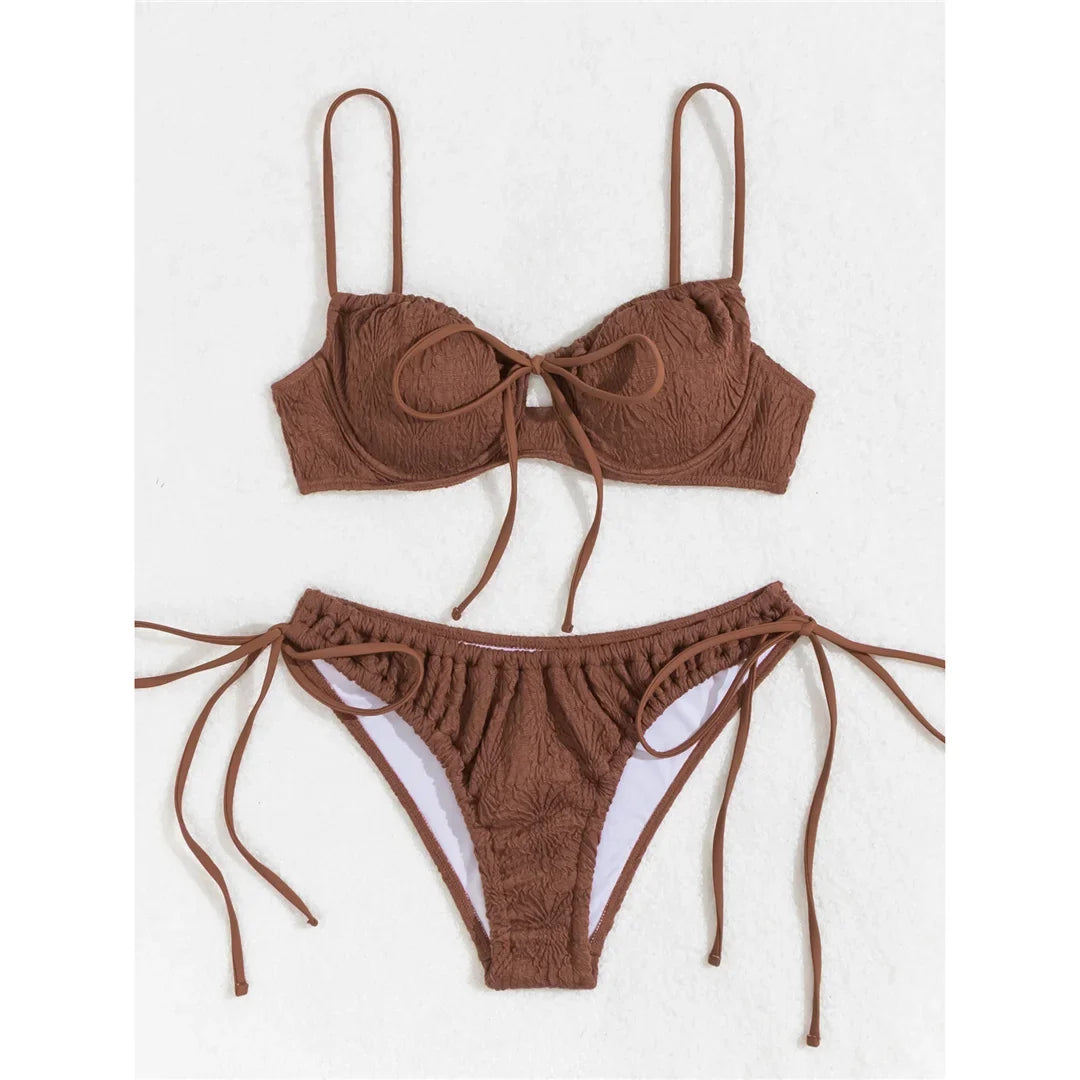 Wrinkled Underwired Knotted High Cut Bikini Female Swimsuit Women Swimwear Two-Pieces Bikini Set Bather Bathing Suit Swim V5807
