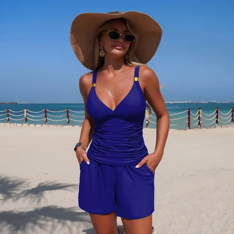 Green Black Pocket Short Two Piece Swimsuit Women V Neck Pleate Tank Top High Waist Tankini Set Beach Bathing Suit Swimwear 2026