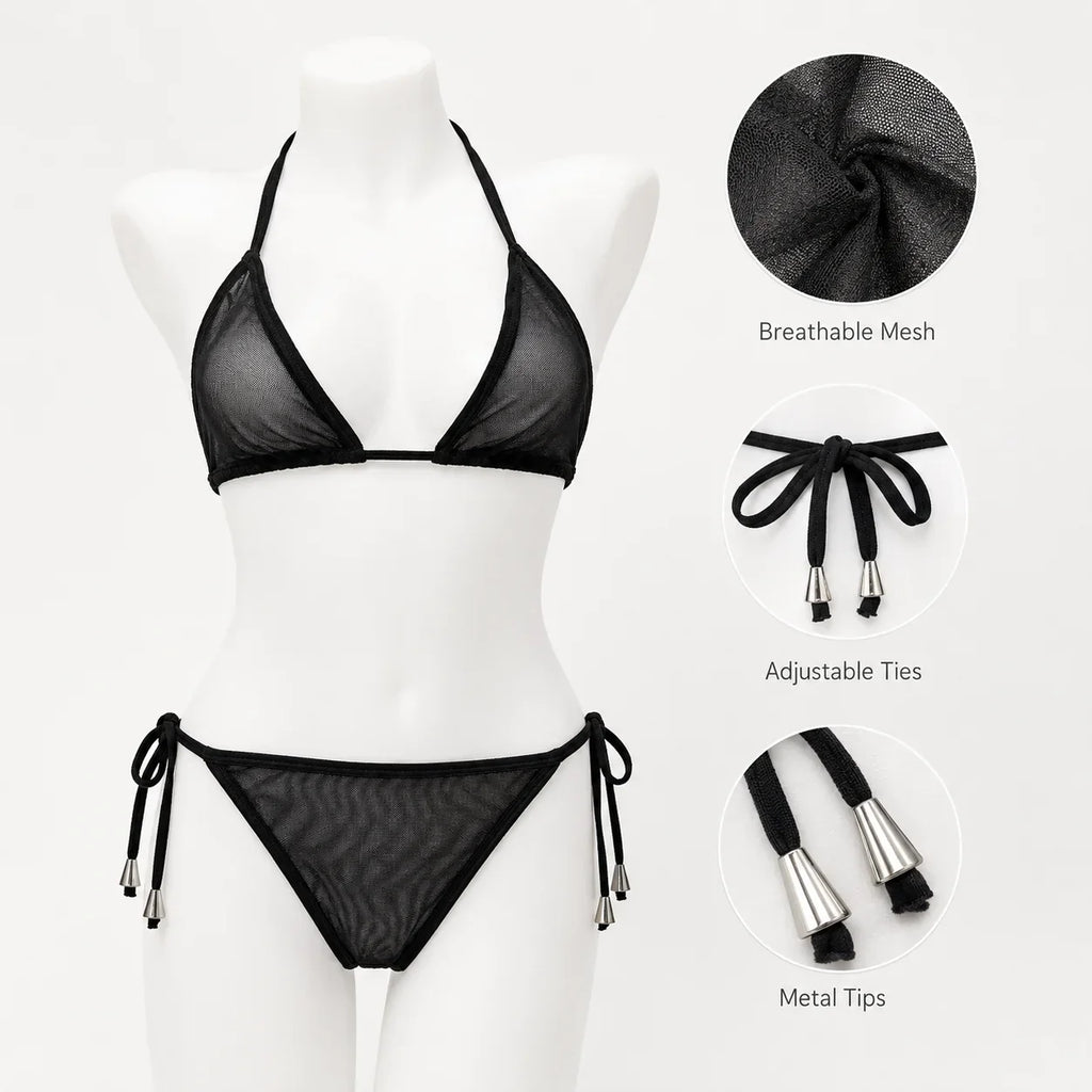 Women Bikini Set 2pcs Black Halter Triangle Swimsuit, Tie Side V Shape Bottom, Solid Color Beach Vacation Swimwear
