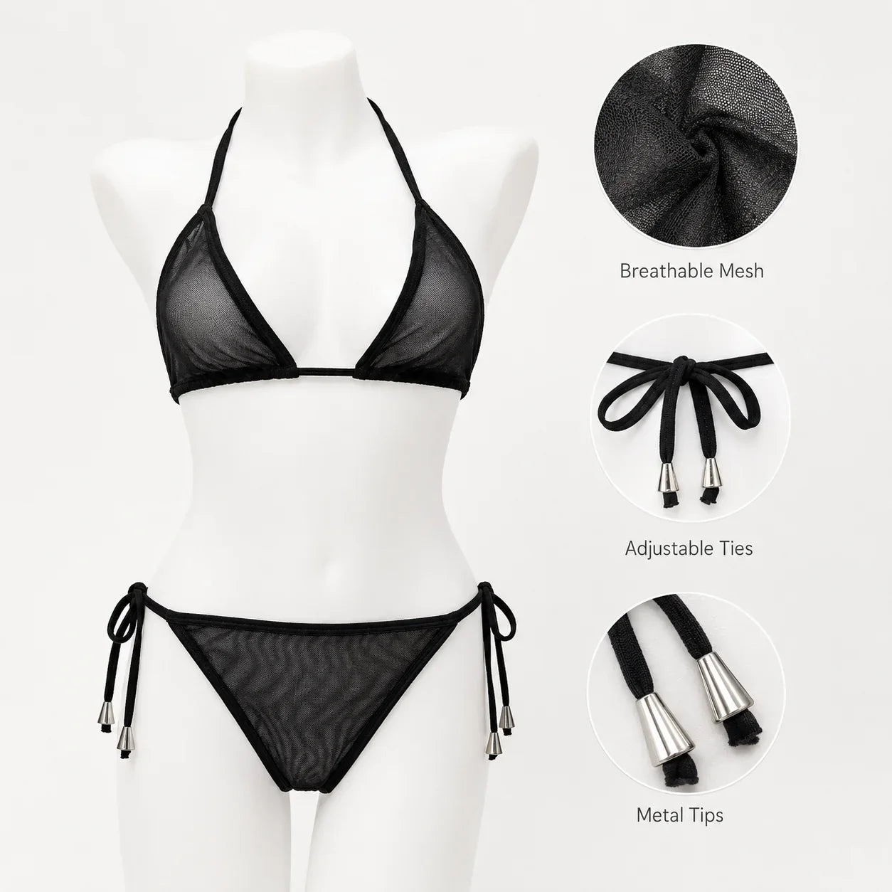 Women Bikini Set 2pcs Black Halter Triangle Swimsuit, Tie Side V Shape Bottom, Solid Color Beach Vacation Swimwear