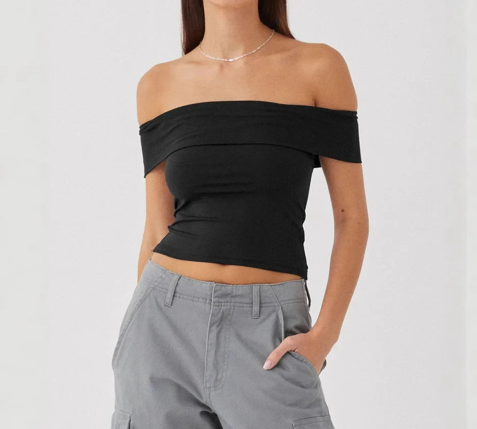 Elegant Women's Crop Top Solid Color Slash neck Top Lady Y2K Streetwear Fashionable Slim Fit Tee Summer Outfit Women's Clothes
