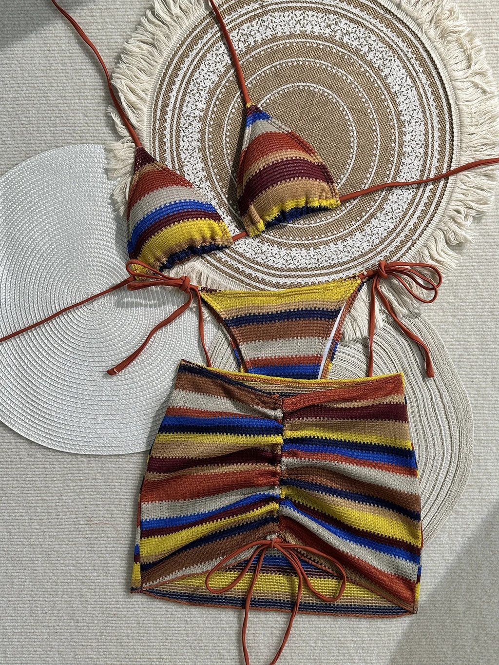 3PCS With Skirt Sarong Knitted Striped Bikini Women Swimsuit Female Swimwear Three Pieces Bikini Set Bathing Suit Swim Beachwear