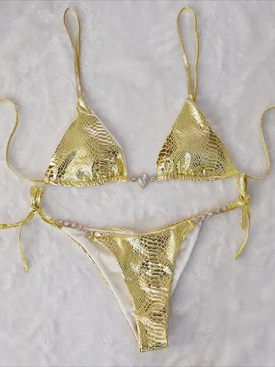 Snake Skin Rhinestone Diamond Bikini Female Swimsuit Women Swimwear Two-pieces Bikini Set High Cut Halter Bathing Suit Swim Lady