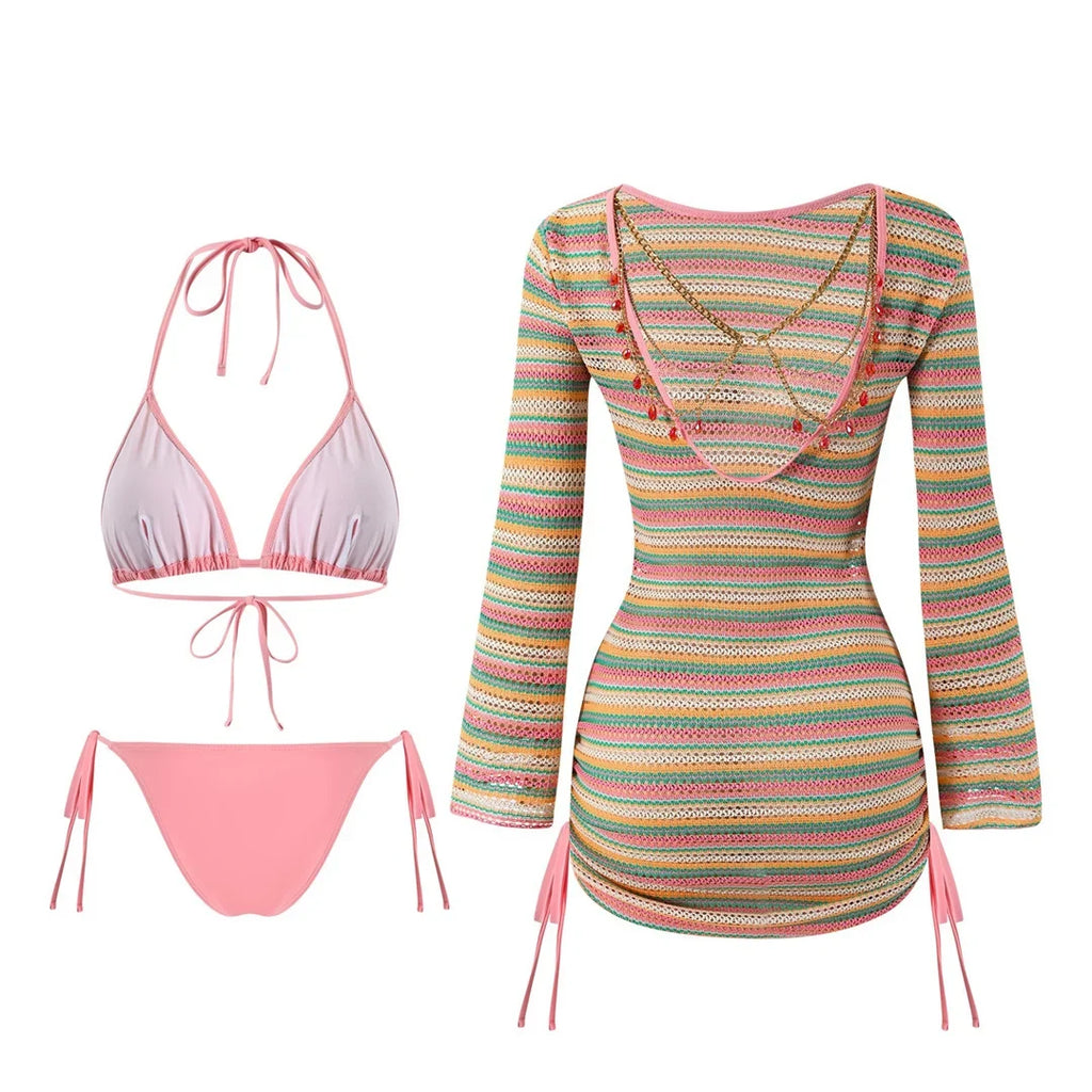 S - XL Striped Long Sleeve Cover Up Bikini Female Swimsuit Women Swimwear Bather Bathing Suit Swim Three-pieces Bikini set K8128