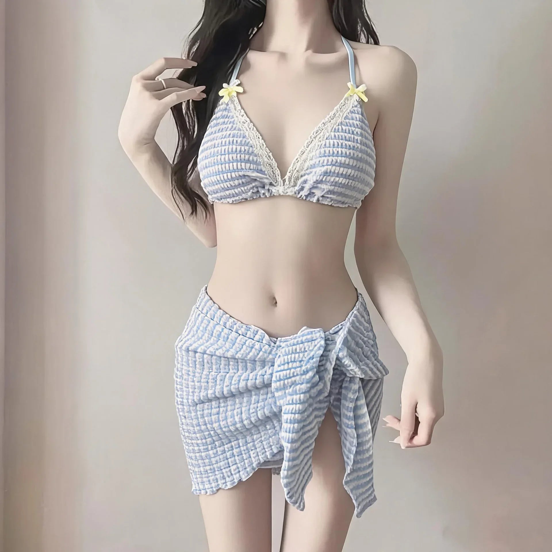 Bikini Three-Piece Set for Girls Vacation Hot Spring Soft Girl Swimwear Korean Style Pure Desire Polyester Fabric Swimsuit