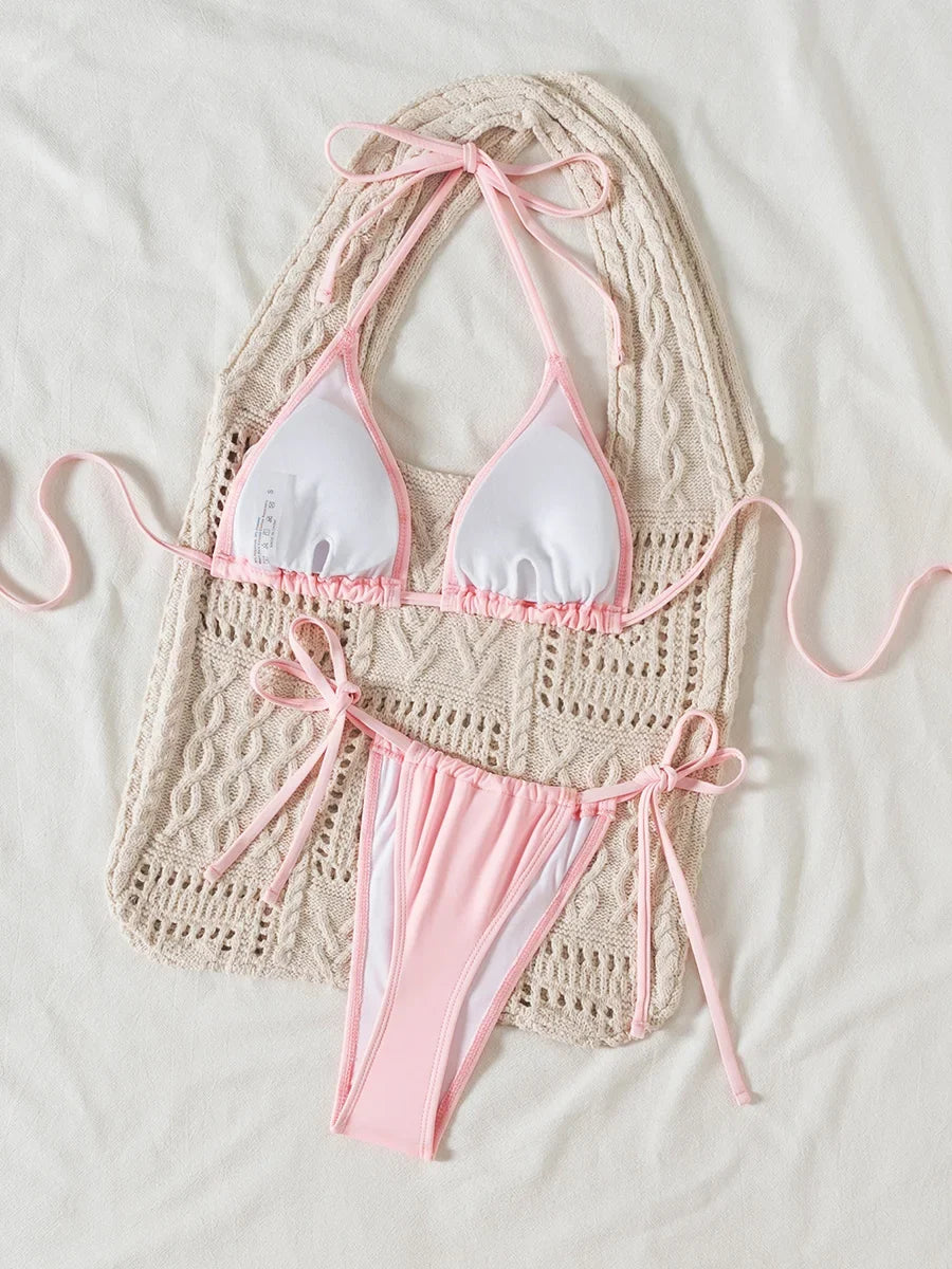 3D Flowers Halter Mini Micro Thong Bikini Female Swimsuit Women Swimwear Two-pieces Bikini Set High Cut Bathing Suit Swim Lady