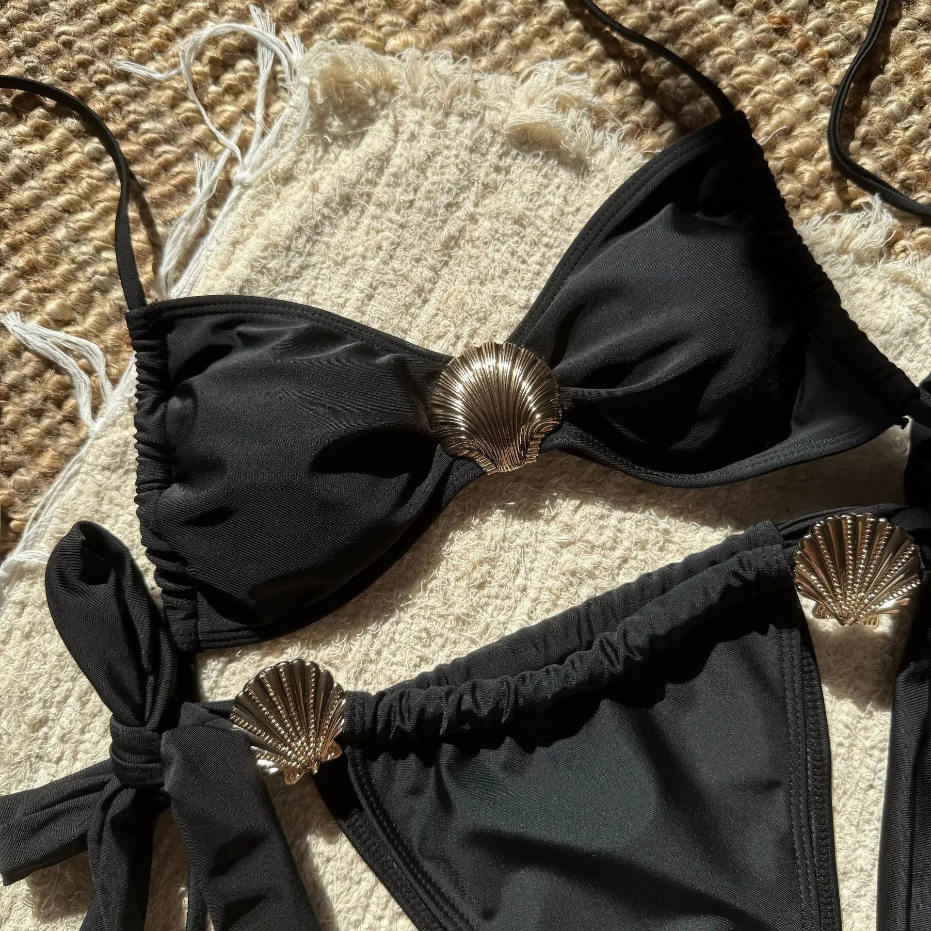 Metal Shell Halter Strappy High Cut Bikini Female Swimsuit Women Swimwear Two-pieces Bikini Set Bather Bathing Suit Swim Lady