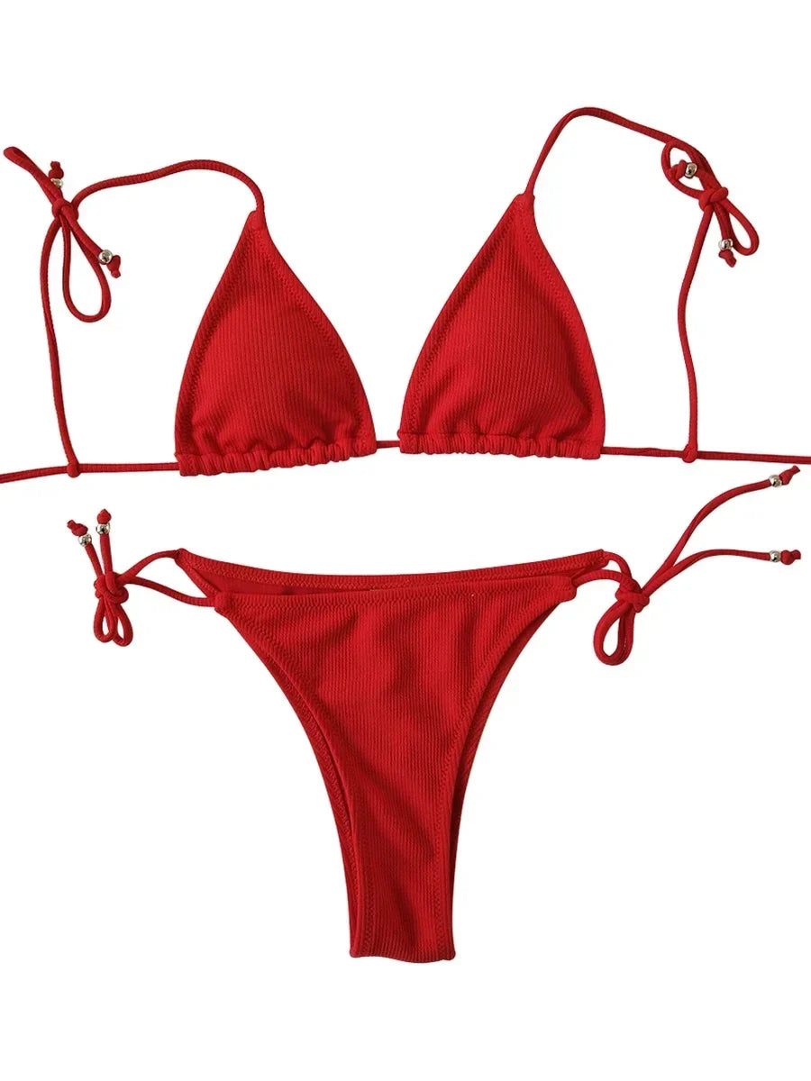 2025 Ribbed Micro Tiny Bikini Women Bandage String Swimsuit Female Swimwear Two Pieces Bikini Set Brazilian Bathing Suit Swim