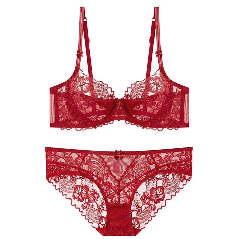 French Lace Lingerie Set Women Ultra Thin Sexy Underwire Bra&Panty Push Up Gather Breasts Pure Desire Large Breasts Support