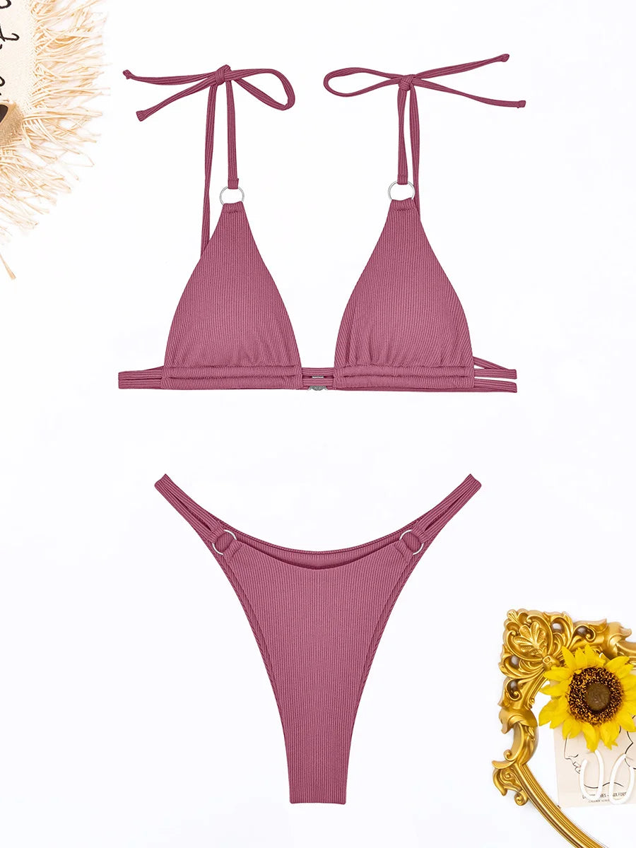 Ring Link Bikini 2025 Solid Sexy Swimsuit Women Padded Swimwear Female Bathers Bathing Swimming Swim Suit Beachwear