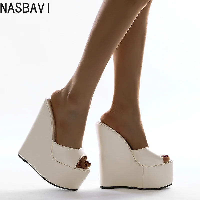 NASBAVI 2025 Fashion Peep Toe Wedges Heel Outside Women Slippers Concise PU Platform Slip on Summer Beach Mules Apricot 35-42