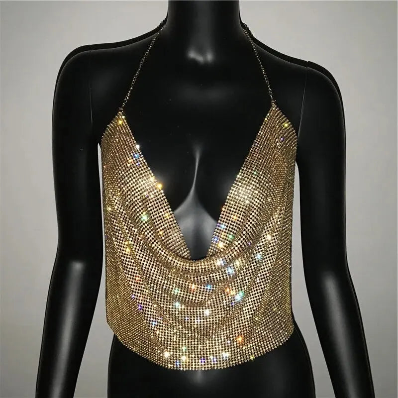 Festival Brilliant Rhinestone Backless Party Crop Top Women 2025 Summer Glitter Evening V Neck Diamonds Metal Tank Tops