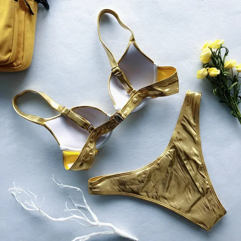 Shiny PU Faux Leather Bikini Women Swimsuit Female Swimwear Two-pieces Bikini Set Underwired Bra Cup Bikinis Bathing Suit Swim